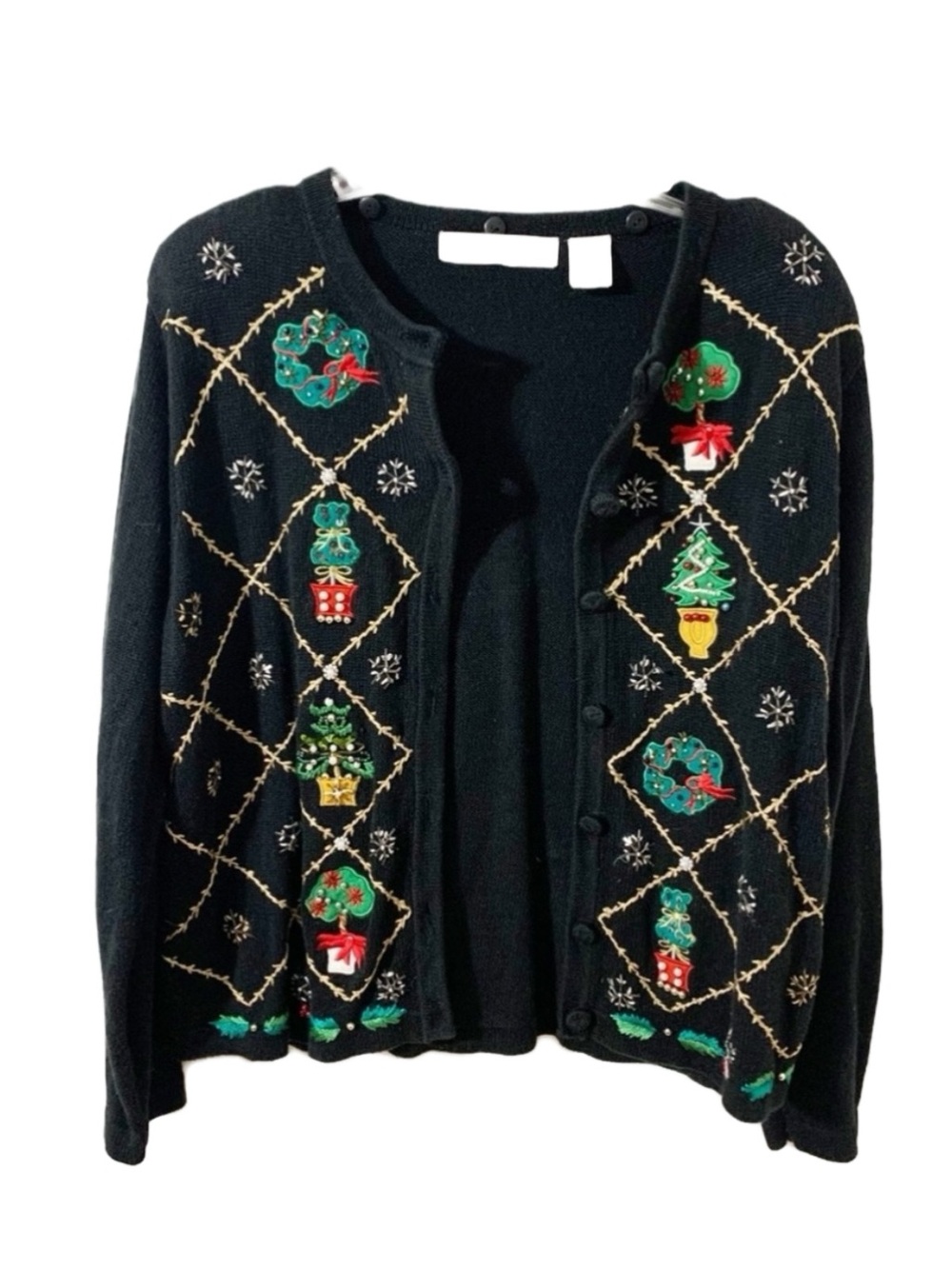 Vintage OHI Christmas Sweater Embroidered Beaded Wreath Trees Snowflakes Festive